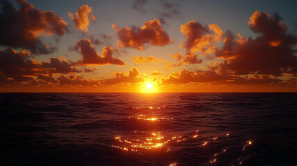 Obraz premium A fiery sunset over a calm ocean, casting golden reflections on the water.