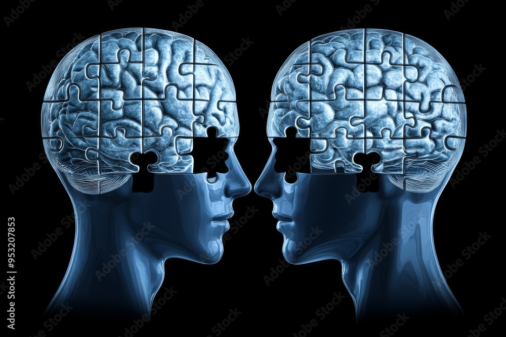 Poster auditory caring partner a couple wearing glowing puzzle glasses symbolizing the playful nature of re