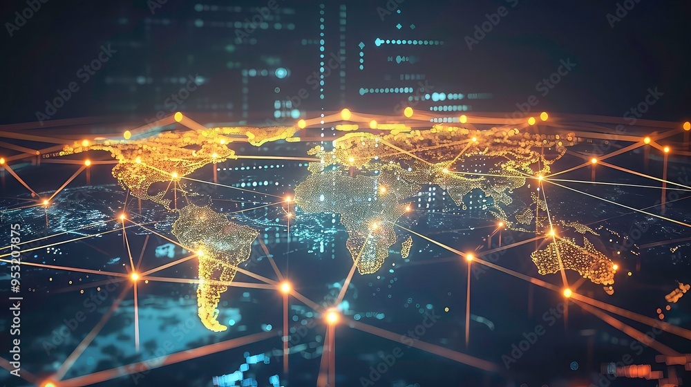 Poster abstract world map with glowing lines and dots, representing global network connections.