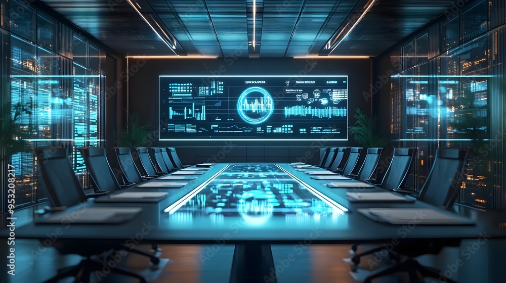 Poster futuristic conference room with data analytics display