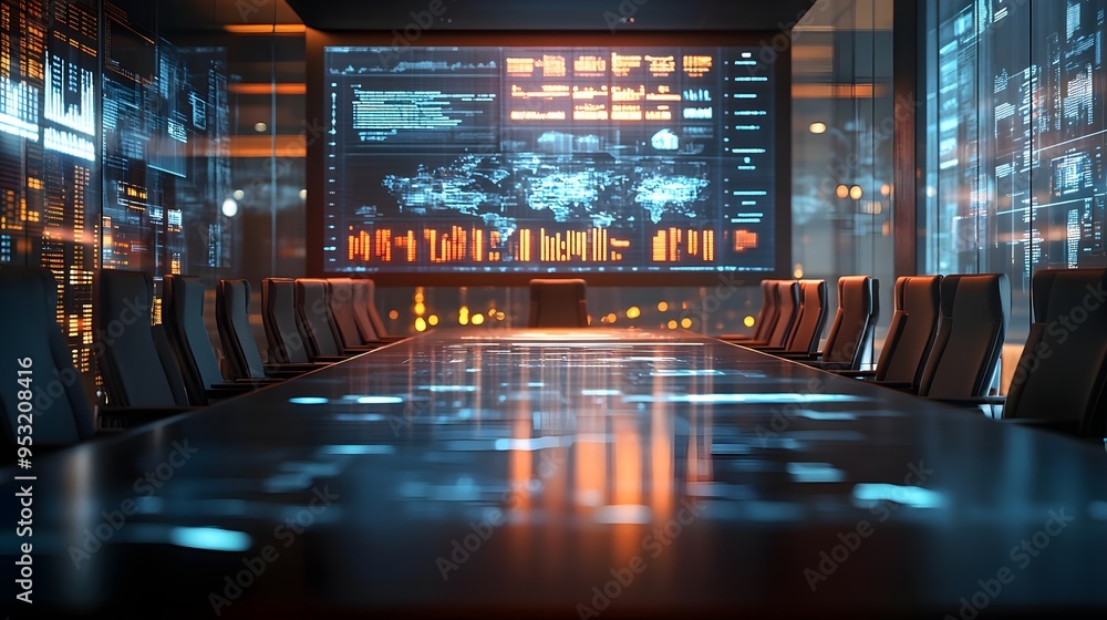 Poster futuristic conference room with data display screen