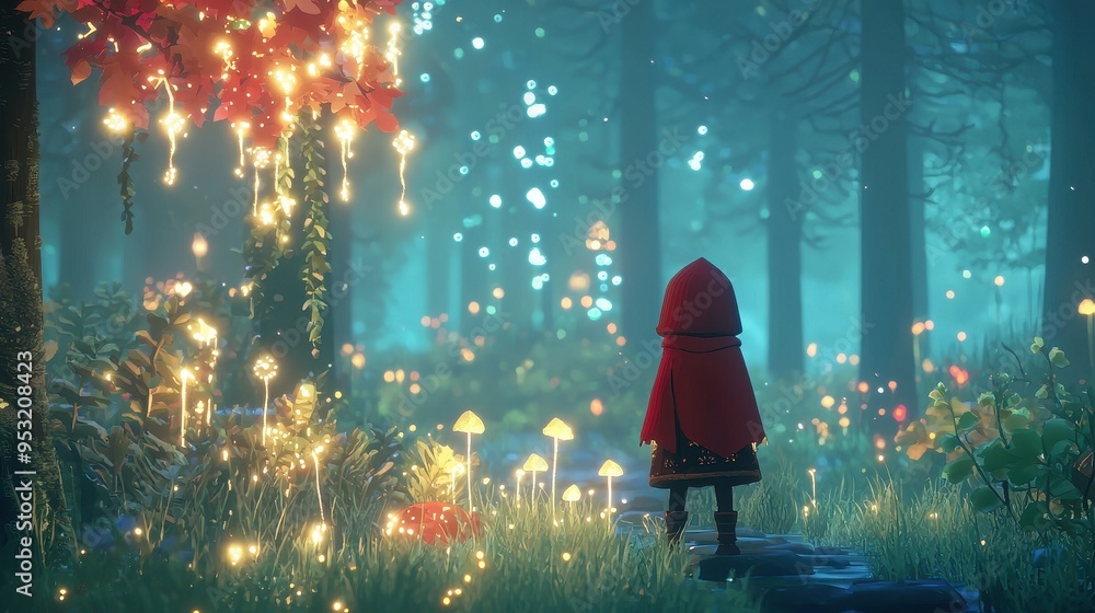 Sticker Enchanting Glowing Forest Path With Little Girl In Red Hood