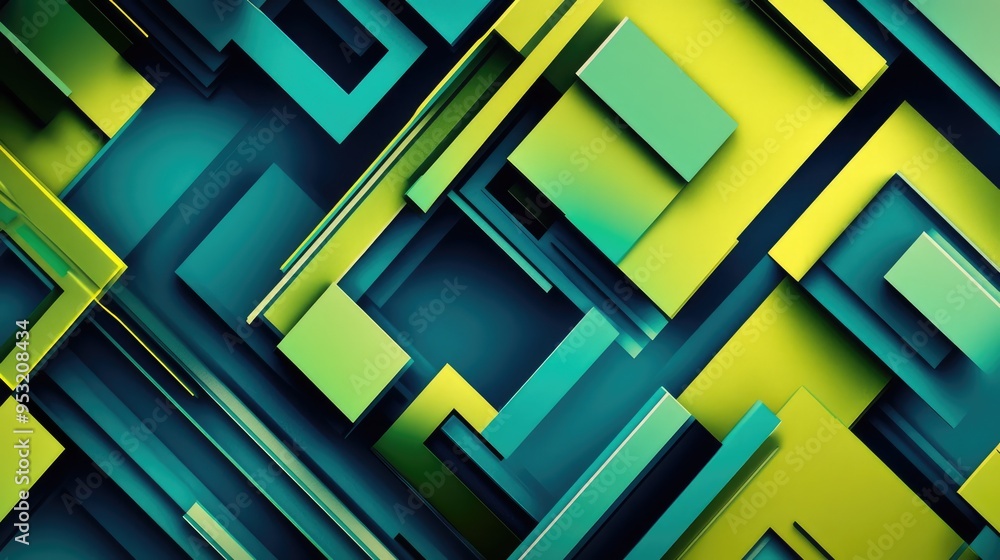 Poster a vibrant abstract pattern with green, cyan, and turquoise geometric shapes, layered and intersectin
