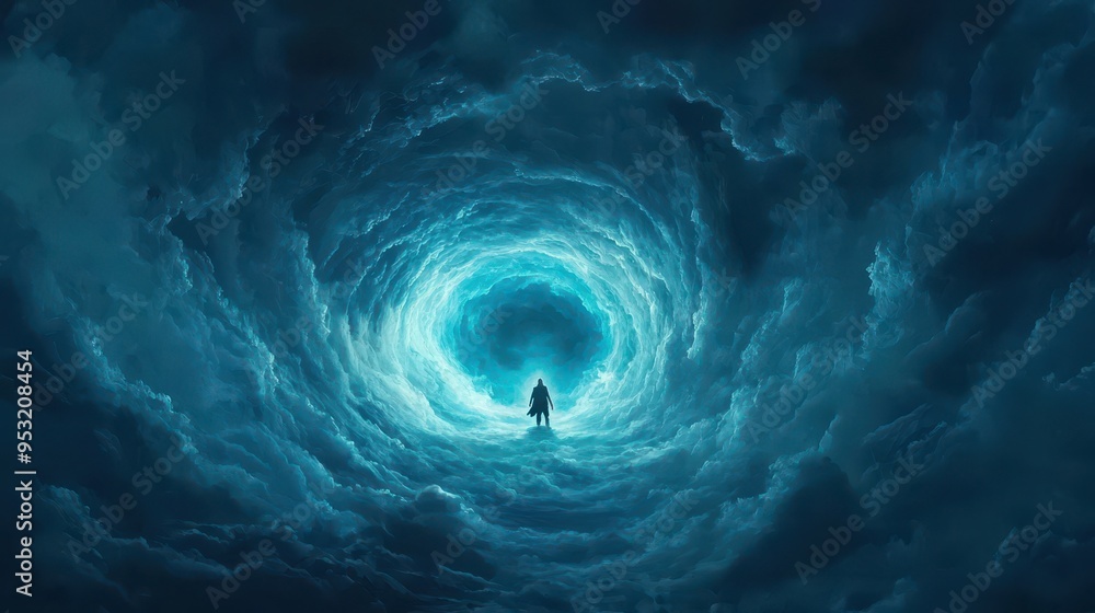 Poster mysterious figure standing at the edge of a glowing portal in the clouds