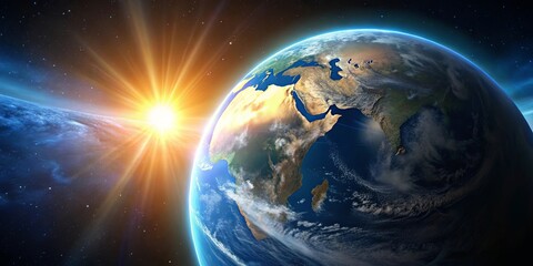 Obraz premium Stock photo of planet Earth seen from space with the sun at its center