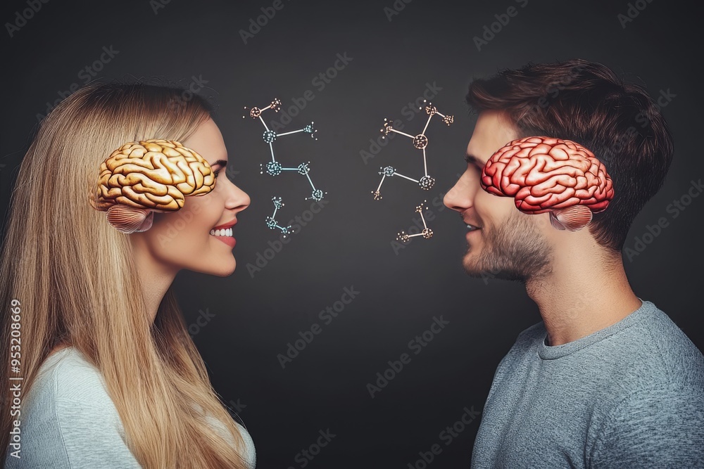 Poster perceptive loving embrace a couple facing each other with brain puzzle pieces representing the playf