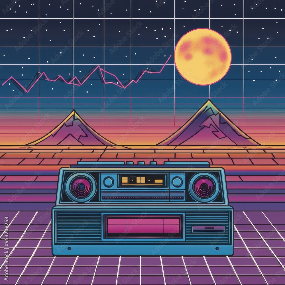Aufkleber retro cassette player on grid background with mountains and moon