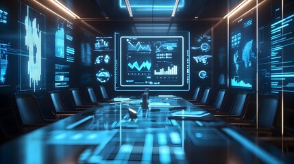Futuristic Conference Room with Data Visualization Screens