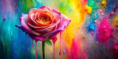 Vibrant painting of pink rose on colorful background with paint drops and dripping stem