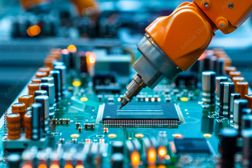 Poster a robot is working on a circuit board