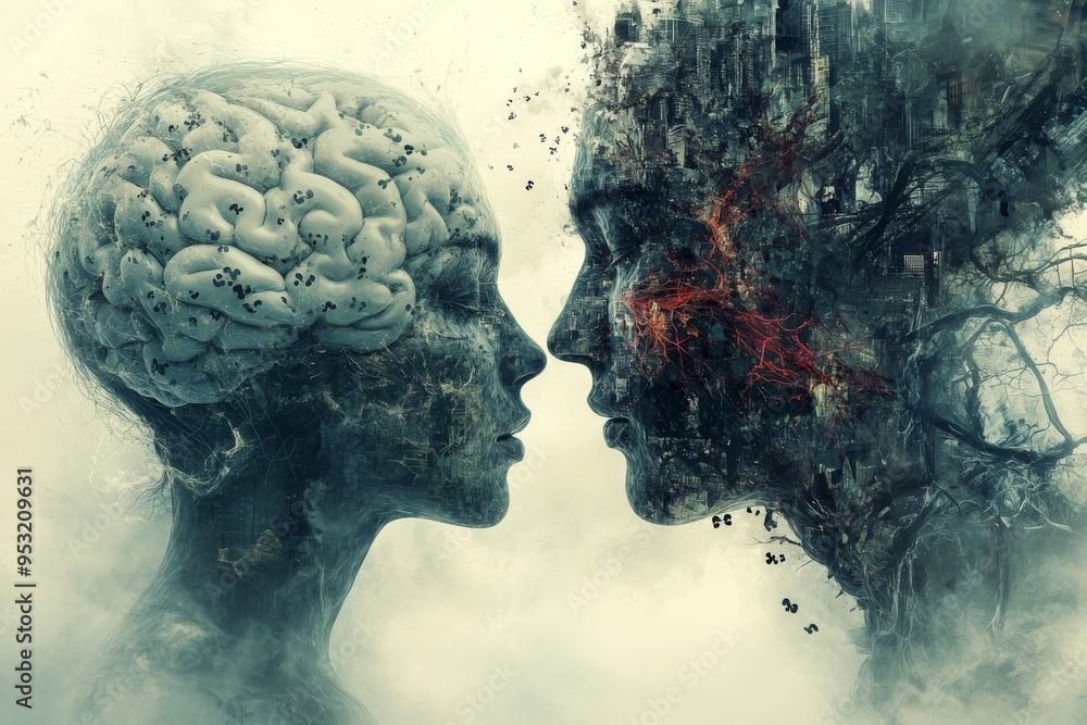Poster imaginative loving embrace a couple with puzzle piece brains facing each other representing the chal