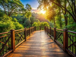 Obraz premium A weathered wooden deck, supported by sturdy rustic railings, extends towards the horizon, where lush greenery and towering trees meet the warm afternoon sunlight.