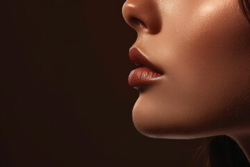 A woman's face with a red lip and a shiny, glowing appearance