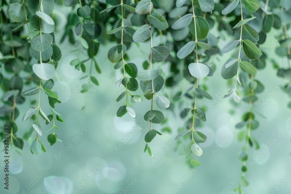 Poster a bundle of green leaves suspended from a tree branch, perfect for use in nature-inspired designs an