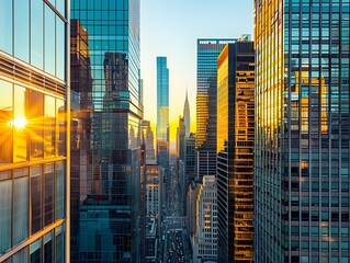 Obraz premium A photo of modern buildings in downtown City, viewed from the window of an apartment building during golden hour lighting, with reflections on glass surfaces and skyscrapers