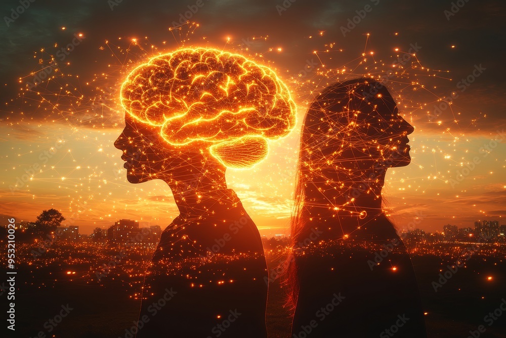 Poster visual loving embrace two profiles with interconnected glowing brains symbolizing the unity of ideas