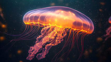 A glowing orange jellyfish with long tentacles swims in a dark blue water.