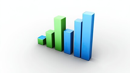 A 3D bar graph with blue and green bars rising against a white background, representing business growth