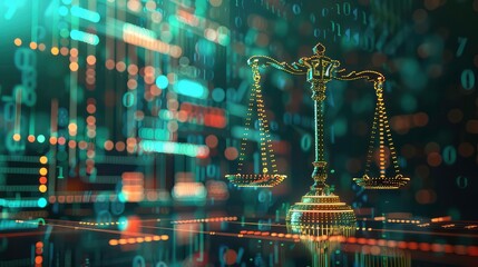 Golden Scales of Justice with Binary Code and Bokeh Lights.