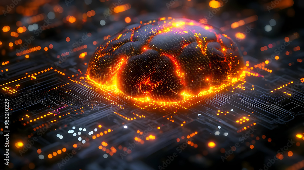 Poster a glowing, digital brain sits on a circuit board, representing the power of artificial intelligence.
