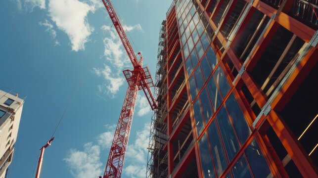 A crane stands in front of a tall building, providing construction services - Powered by Adobe
