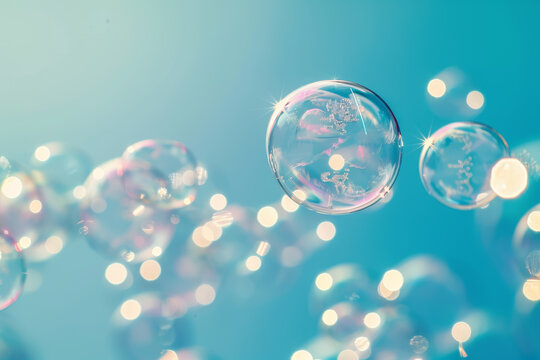 A bunch of bubbles floating in the air with a blue background - Powered by Adobe