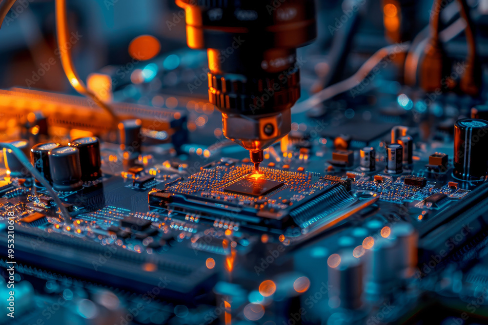 Poster a computer chip is being etched into a circuit board