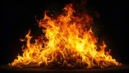 A fiery blaze burning in the dark with orange and yellow flames against a black background