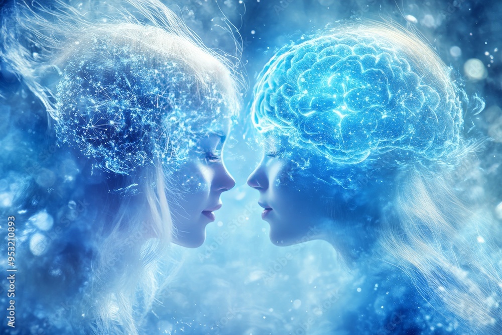 Sticker Neural Soul connection Symmetrical pair of glowing brains facing each other symbolizing the harmonious exchange of ideas knowledge and understanding between two individuals