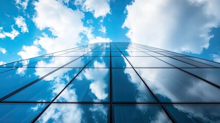 Fototapeta premium A blue sky reflecting off a glass skyscraper, creating a seamless blend of architecture and nature --