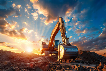 A large construction machine is in the dirt