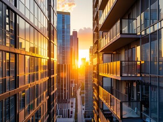 A photo of modern buildings in downtown City, viewed from the window of an apartment building during golden hour lighting, with reflections on glass surfaces and skyscrapers