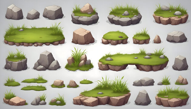 grass stones platforms 2d game design elements on isolated white background grass and stones podium assets  