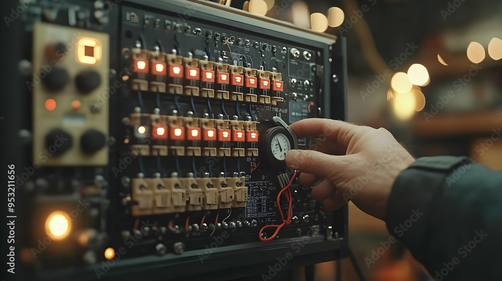 Poster a hand adjusts a gauge on a control panel with multiple switches and lights.