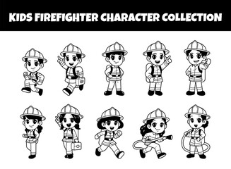 Kids firefighter character outline vector illustration set