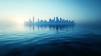 Fototapeta premium A tranquil city skyline emerges from a misty landscape, reflecting on calm waters at dawn, creating a serene urban atmosphere.