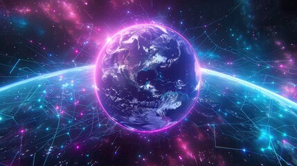 A 3D rendering of a planet Earth surrounded by a network of glowing lines and dots, representing global connections and technology.