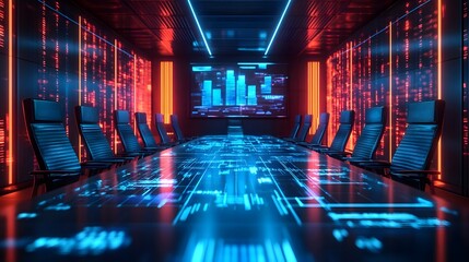 Futuristic Conference Room with Neon Lights and Digital Table
