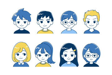 子供のアイコンイラストセット　バストアップ　ブルー、イエロー