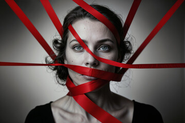 A powerful image symbolizing the silencing of abuse, featuring a woman with red tape over her mouth, highlighting the need to combat harassment and violence against women globally.