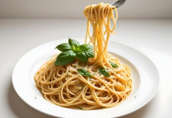 Fork Lifting a Strand of plain Spaghetti with Basil and Olive Oil