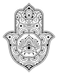 Hamsa hand drawn symbol with flower. Decorative pattern in oriental style for interior decoration and henna drawings. The ancient sign of "Hand of Fatima".