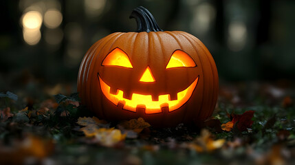 A jack-o-lantern with a lit candle inside sits on the ground with fallen autumn leaves, in a dark forest.