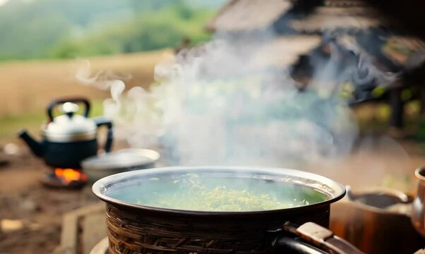 Macro Cinematography of Malawian Man Brewing Traditional Tea