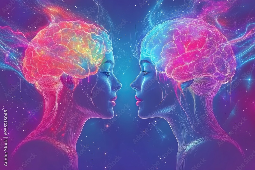 Poster memory enhancement adore neon hued ethereal connection between two brains highlighting the synergy o