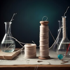 Spool of tan thread and string on the table with scientific flask experiment science