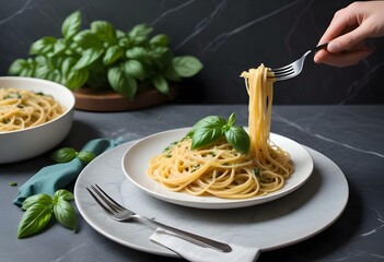 Fork Lifting a Strand of plain Spaghetti with Basil and Olive Oil
