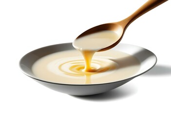 Wooden Spoon Pouring Creamy soup into a white Bowl with white background isolated