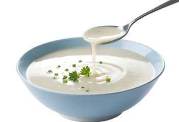 Spoon Pouring Creamy soup into a blue Bowl with white background isolated