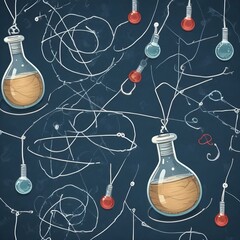drawing on a chalk board of a flask container and lines showing scientific background